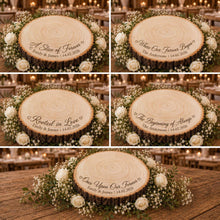 Load image into Gallery viewer, Personalised Wood Slice Cake Stand, Engraved Phrase Rustic Wedding Display stand, Personalised Engraved log Slice, Engagement Dessert Board