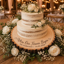 Load image into Gallery viewer, Personalised Wood Slice Cake Stand, Engraved Phrase Rustic Wedding Display stand, Personalised Engraved log Slice, Engagement Dessert Board