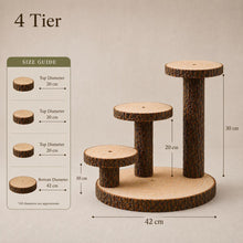 Load image into Gallery viewer, Personalized Log Slice Cake Stand, Stepped 3,4,or 5 Tier Engraved Rustic Wedding stand, Personalised wooden cupcake Dessert Display