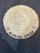 Load image into Gallery viewer, Personalized Wood Slice Cake Stand, Engraved Rustic Wedding Engagment Display stand, Personalised Engraved log Slice with Lillies