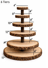 Load image into Gallery viewer, Personalized Wood Slice Cake Stand,3 Tier Engraved Rustic Stand 4 tier Wedding stand, Personalised log cupcake stand 5 tier Dessert Display