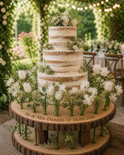 Load image into Gallery viewer, Personalised log slice, Rustic Floral Halo Wood Cake Stand – Wedding Display tree Slice Floral Cake Display Wedding Cake Stand