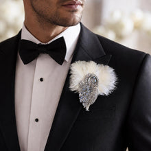 Load image into Gallery viewer, Ostrich Feather buttonhole Boutonnière -ANY COLOUR Artificial buttonhole by Crystal wedding uk