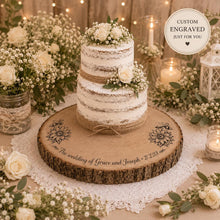 Load image into Gallery viewer, Personalized Wood Slice Cake Stand, Engraved Rustic Wedding stand, Personalised log Engagment Display Board with Sunflowers & Bees