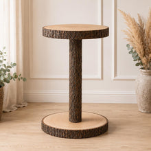 Load image into Gallery viewer, 80cm Tall Rustic Wedding Cake Table, Personalised Wood Log Cake Stand, Floor Standing Cake Pedestal, Engraved Wooden Cake Display