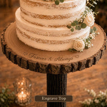 Load image into Gallery viewer, 80cm Tall Rustic Wedding Cake Table, Personalised Wood Log Cake Stand, Floor Standing Cake Pedestal, Engraved Wooden Cake Display