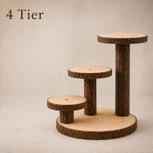 Load image into Gallery viewer, Personalized Log Slice Cake Stand, Stepped 3,4,or 5 Tier Engraved Rustic Wedding stand, Personalised wooden cupcake Dessert Display