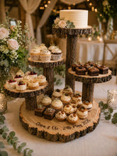 Load image into Gallery viewer, Personalized Log Slice Cake Stand, Stepped 3,4,or 5 Tier Engraved Rustic Wedding stand, Personalised wooden cupcake Dessert Display