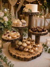 Load image into Gallery viewer, Personalized Log Slice Cake Stand, Stepped 3,4,or 5 Tier Engraved Rustic Wedding stand, Personalised wooden cupcake Dessert Display
