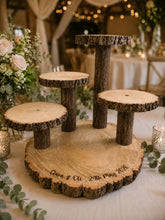 Load image into Gallery viewer, Personalized Log Slice Cake Stand, Stepped 3,4,or 5 Tier Engraved Rustic Wedding stand, Personalised wooden cupcake Dessert Display