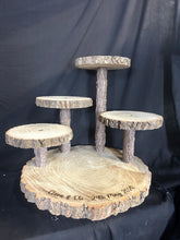 Load image into Gallery viewer, Personalized Log Slice Cake Stand, Stepped 3,4,or 5 Tier Engraved Rustic Wedding stand, Personalised wooden cupcake Dessert Display