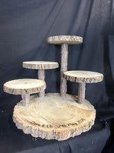 Load image into Gallery viewer, Personalized Log Slice Cake Stand, Stepped 3,4,or 5 Tier Engraved Rustic Wedding stand, Personalised wooden cupcake Dessert Display