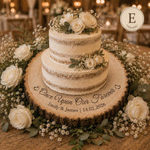 Load image into Gallery viewer, Personalised Wood Slice Cake Stand, Engraved Phrase Rustic Wedding Display stand, Personalised Engraved log Slice, Engagement Dessert Board
