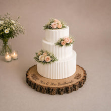 Load image into Gallery viewer, Personalized Wood Slice Cake Stand, Engraved Rustic Wedding Display stand, Personalised Engraved log, Engagment Dessert plate with Roses