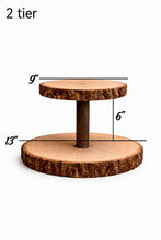 Load image into Gallery viewer, Personalized Wood Slice Cake Stand,3 Tier Engraved Rustic Stand 4 tier Wedding stand, Personalised log cupcake stand 5 tier Dessert Display