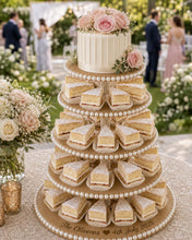 Load image into Gallery viewer, Personalised Rustic Wedding Cupcake Stand, Boho Pearl Dessert Tower, MDF Cake Party Centerpiece