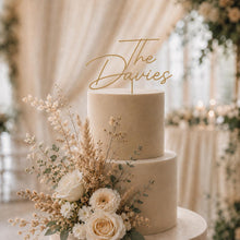 Load image into Gallery viewer, Personalised Cake Topper, Custom Surname Topper, Rustic Wood Last Name topper, Wooden Cake Decoration, Bride and Groom Cake Topper