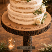 Load image into Gallery viewer, 80cm Tall Rustic Wedding Cake Table, Personalised Wood Log Cake Stand, Floor Standing Cake Pedestal, Engraved Wooden Cake Display