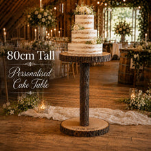Load image into Gallery viewer, 80cm Tall Rustic Wedding Cake Table, Personalised Wood Log Cake Stand, Floor Standing Cake Pedestal, Engraved Wooden Cake Display