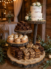 Load image into Gallery viewer, Personalized Log Slice Cake Stand, Stepped 3,4,or 5 Tier Engraved Rustic Wedding stand, Personalised wooden cupcake Dessert Display