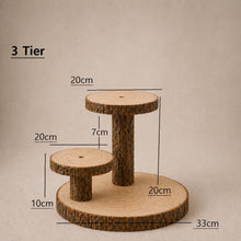 Load image into Gallery viewer, Personalized Log Slice Cake Stand, Stepped 3,4,or 5 Tier Engraved Rustic Wedding stand, Personalised wooden cupcake Dessert Display