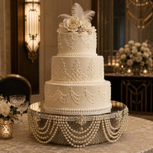 Load image into Gallery viewer, Pearl Drape Wedding Cake Stand, Luxury Mirrored Cake Display, Ivory White Pearl Cake Stand, Vintage Crystal Cake Stand, Wedding Cake Riser