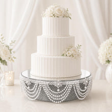 Load image into Gallery viewer, Pearl Drape Wedding Cake Stand, Luxury Mirrored Cake Display, Ivory White Pearl Cake Stand, Vintage Crystal Cake Stand, Wedding Cake Riser