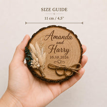 Load image into Gallery viewer, Personalised Wedding ring holder, Rustic Wood log ring cushion with dried flowers, wedding rings log slice , wedding gift