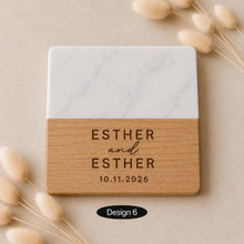 Load image into Gallery viewer, Pair of Personalised Marble & Wood Coasters Custom Wedding Gift, Engagement present, Wooden Anniversary Gift
