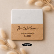 Load image into Gallery viewer, Pair of Personalised Marble & Wood Coasters Custom Wedding Gift, Engagement present, Wooden Anniversary Gift