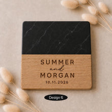 Load image into Gallery viewer, Pair of Personalised Marble & Wood Coasters Custom Wedding Gift, Engagement present, Wooden Anniversary Gift