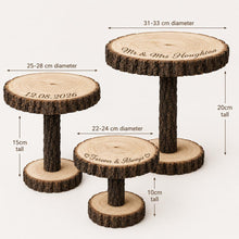 Load image into Gallery viewer, Set of 3 Personalized Wood Slice Cake Stand, Engraved Rustic Wedding stand, Personalised log cupcake stand Wodden Dessert Display