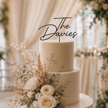 Load image into Gallery viewer, Personalised Cake Topper, Custom Surname Topper, Rustic Wood Last Name topper, Wooden Cake Decoration, Bride and Groom Cake Topper
