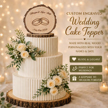 Load image into Gallery viewer, Personalised Rustic Wooden Wedding Cake Topper / Keepsake Log Slice