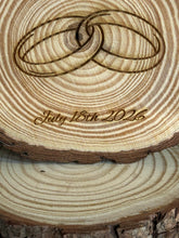 Load image into Gallery viewer, Personalised Rustic Wooden Wedding Cake Topper / Keepsake Log Slice