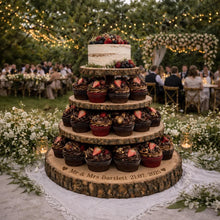 Load image into Gallery viewer, Personalized Wood Slice Cake Stand,3 Tier Engraved Rustic Stand 4 tier Wedding stand, Personalised log cupcake stand 5 tier Dessert Display