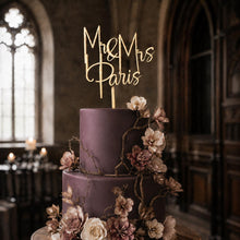 Load image into Gallery viewer, Gold Wedding cake topper, Personalized cake topper, Rustic wedding cake topper, Custom Mr Mrs topper, Anniversary Cake toppers, Wood topper