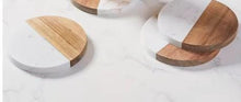Load image into Gallery viewer, Pair of Personalised Marble & Wood Coasters Custom Wedding Gift, Engagement present, Wooden Anniversary Gift