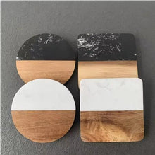 Load image into Gallery viewer, Pair of Personalised Marble & Wood Coasters Custom Wedding Gift, Engagement present, Wooden Anniversary Gift