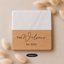 Load image into Gallery viewer, Pair of Personalised Marble & Wood Coasters Custom Wedding Gift, Engagement present, Wooden Anniversary Gift
