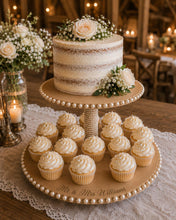 Load image into Gallery viewer, Personalised Rustic Wedding Cupcake Stand, Boho Pearl Dessert Tower, MDF Cake Party Centerpiece
