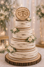 Load image into Gallery viewer, Personalised Rustic Wooden Wedding Cake Topper / Keepsake Log Slice