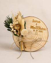Load image into Gallery viewer, Personalised Wedding ring holder, Rustic Wood log ring cushion with dried flowers, wedding rings log slice , wedding gift