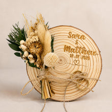 Load image into Gallery viewer, Personalised Wedding ring holder, Rustic Wood log ring cushion with dried flowers, wedding rings log slice , wedding gift