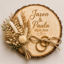 Load image into Gallery viewer, Personalised Wedding ring holder, Rustic Wood log ring cushion with dried flowers, wedding rings log slice , wedding gift
