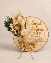 Load image into Gallery viewer, Personalised Wedding ring holder, Rustic Wood log ring cushion with dried flowers, wedding rings log slice , wedding gift
