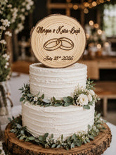 Load image into Gallery viewer, Personalised Rustic Wooden Wedding Cake Topper / Keepsake Log Slice