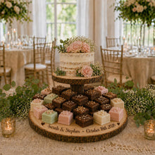 Load image into Gallery viewer, PersonaliSed Log Slice Cake Stand, Large Central Stage Engraved Rustic Wedding stand, Personalised wooden cupcake Dessert Display