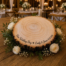Load image into Gallery viewer, Personalized Wood Slice Cake Stand, Engraved Rustic Wedding Display stand, Personalised Engraved log Slice, Engagement Dessert Display Board
