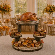 Load image into Gallery viewer, Wood Slice Food Display Stand 4 Tier Engraved Rustic Dessert stand, Personalised wooden cupcake Dessert Display